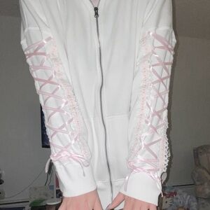 Upcycled lace + ribbon hoodie